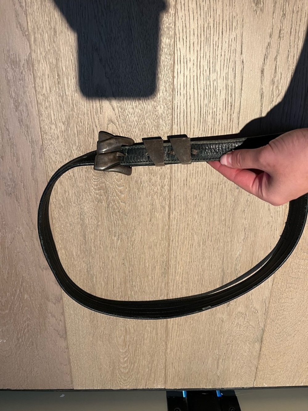 Men's Black Leather Belt with Antique Metal Buckle